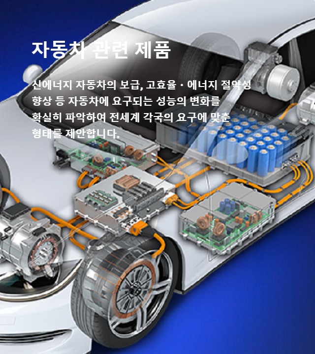 자동차 관련 제품 - 신에너지 자동차의 보급, 고효율·에너지 절약성 향상 등 자동차에 요구되는 성능의 변화를 확실히 파악하여 전세계 각각의 요구에 맞춘 형태를 제안합니다. 